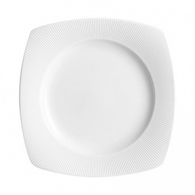 Porcelain flat square plate 10 in / 25.5 cm white refined straight lines pattern