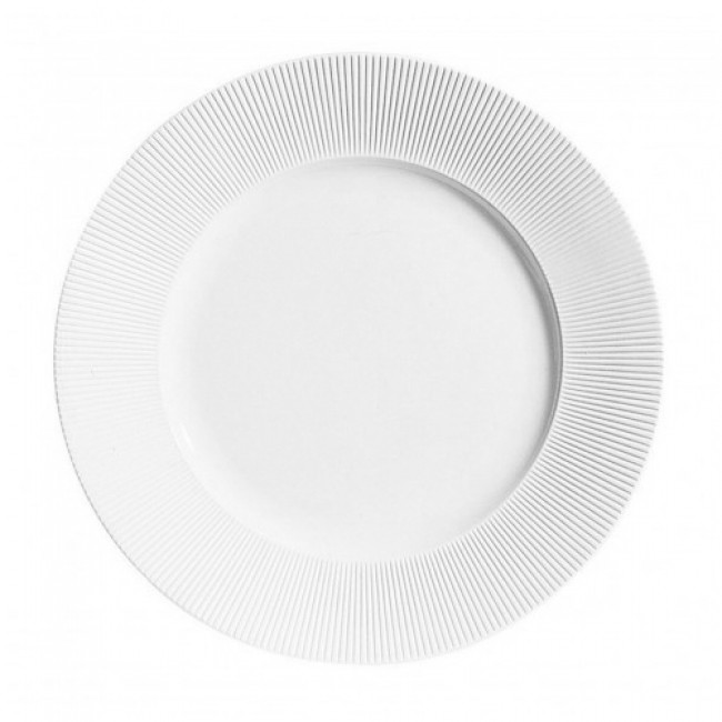 Porcelain flat round plate 11 in / 28.5 cm white refined straight lines pattern