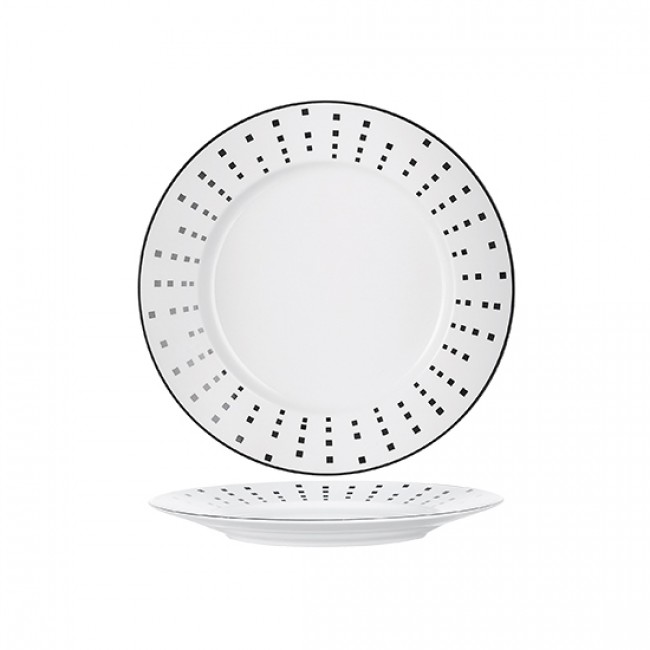 Porcelain round flat plate 11 in / 28.5 cm with black square patterns