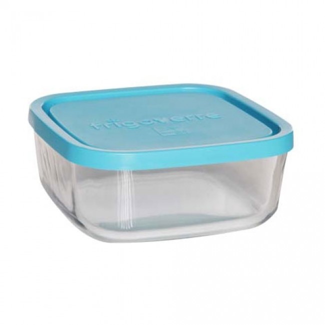 Square glass food container blue plastic lid 6 x 6 " / 15 x 15 cm - Frigoverre - Bormioli Rocco