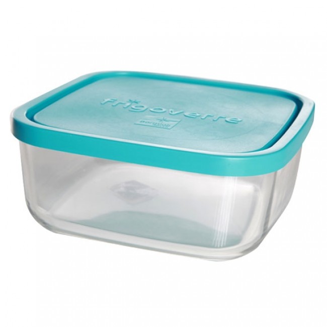 Square glass food container turquoise plastic lid 9 x 9 " / 22 x 22 cm - Frigoverre - Bormioli Rocco