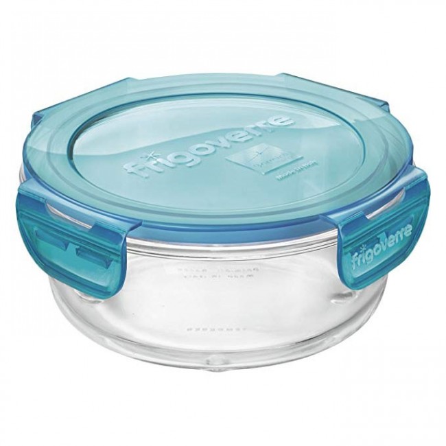 Round glass food container airtight blue plastic lid 5.5 x 2" / 14 x 6.5cm - Frigoverre - Bormioli Rocco