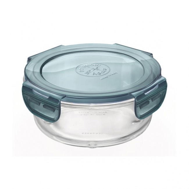 Round glass food container airtight grey plastic lid 5.5" / 14 cm - Frigoverre - Bormioli Rocco