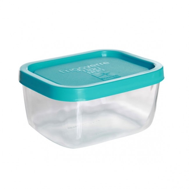 Rectangular glass food container turquoise plastic lid 5 x 4 " / 13 x 10 cm - Frigoverre - Bormioli Rocco