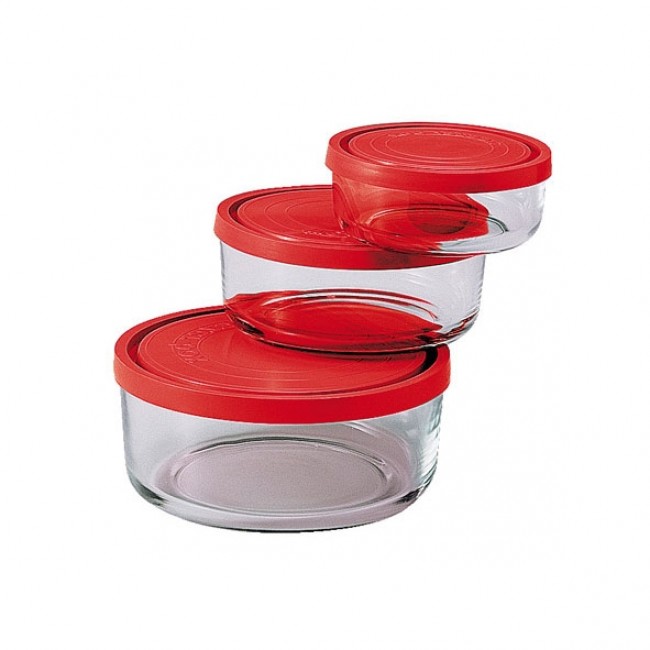 Round glass containers red plastic lid 4",6",7" (11,15,18cm) - Set of 3 - Gelo Box - Bormioli Rocco