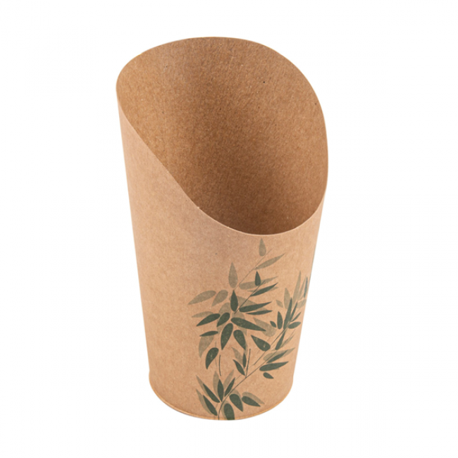 Brown cardboard French fries cup 16oz / 480ml Ø3"x5" (Ø8.5x13.5cm) green leaves patterns - Set of 50 - Feel Green - AZ Boutique