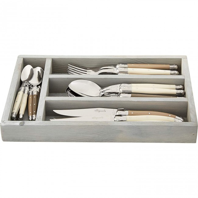Ménagère 24 pièces bleue en inox - Range couverts en bois - Laguiole - Jean Dubost