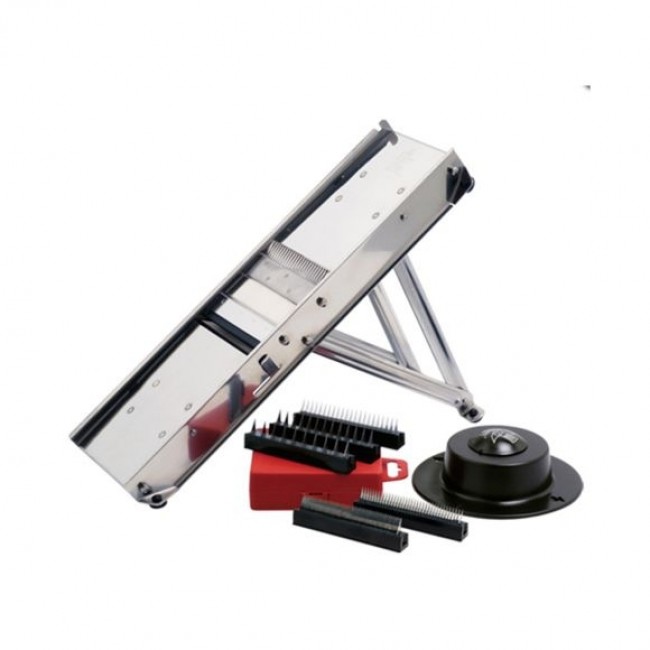 Professional Stainless steel mandoline with 5 blade blocks and table edge support 16 x 5.3 x 1.5" / 41 x 13.5 x 4.5 cm - Bron Coucke
