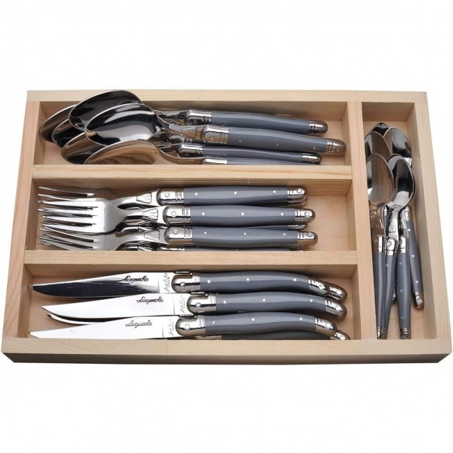 Ménagère 24 pièces bleue en inox - Range couverts en bois - Laguiole - Jean Dubost