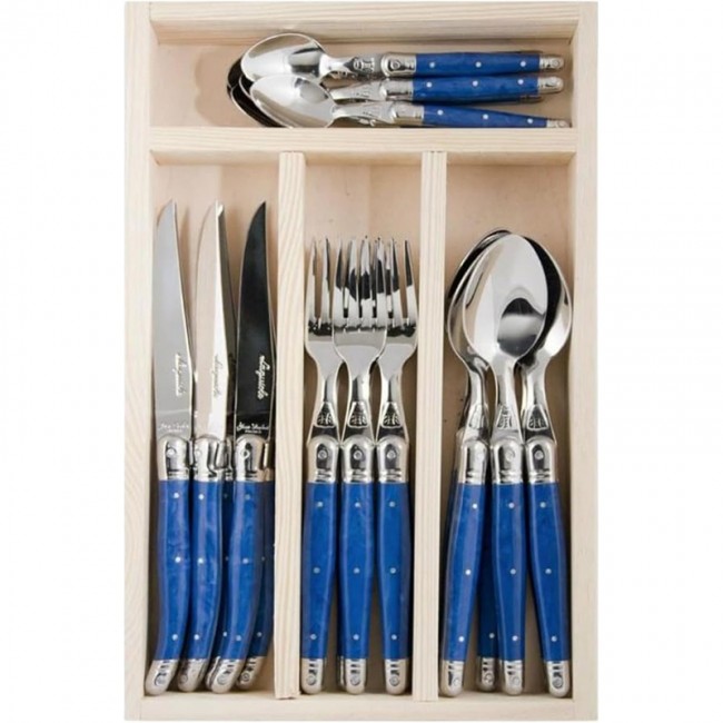 Ménagère 24 pièces bleue en inox - Range couverts en bois - Laguiole - Jean Dubost