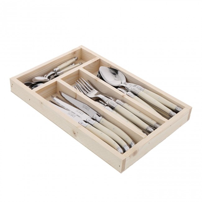 Ménagère 24 pièces bleue en inox - Range couverts en bois - Laguiole - Jean Dubost