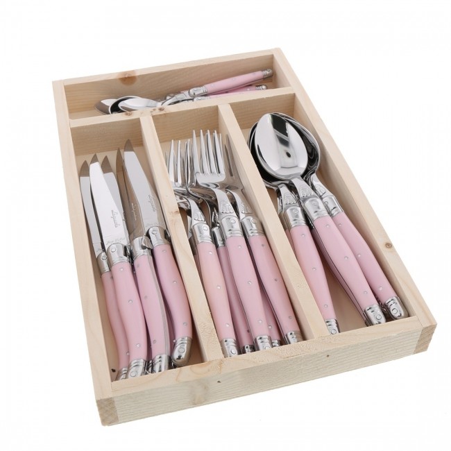 Ménagère 24 pièces bleue en inox - Range couverts en bois - Laguiole - Jean Dubost