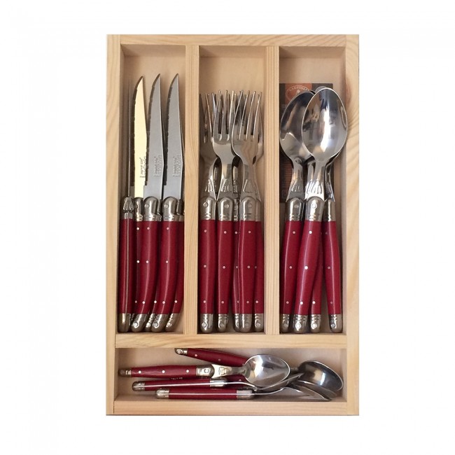 Ménagère 24 pièces bleue en inox - Range couverts en bois - Laguiole - Jean Dubost