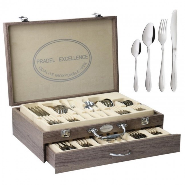 Ménagère 24 pièces bleue en inox - Range couverts en bois - Laguiole - Jean Dubost