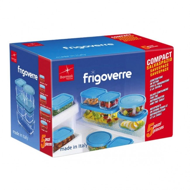 Set of 5 glass containers plastic blue lids - 3 rectangular, 1 square, 1 round - Frigoverre - Bormioli Rocco