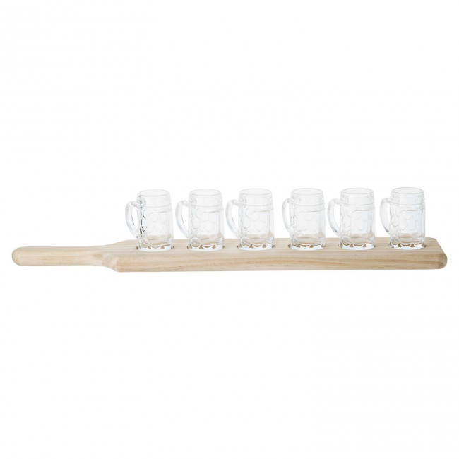 6 transparent appetizer glasses with wooden board 19.2 x 3.5 x 3.5" / 49 x 9 x 9cm