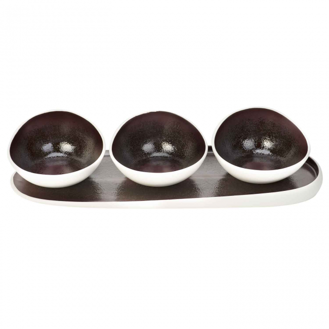 Porcelain Appetizer set 3 condiment bowls + 1 tray white/dark purple