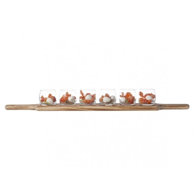 6 appetizer glasses 8 oz / 24 cl on wooden tray 26 x4 x 0.4 in 66.5 x 9.5 x 1.8 cm
