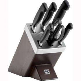 Wooden knife block with integrated sharpener - 7 pieces - black handle