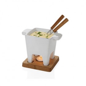 Fondue set white sandstone 6,8oz/20cl with oakwood plate