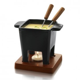 Fondue set black sandstone 6,8oz/20cl with oakwood plate