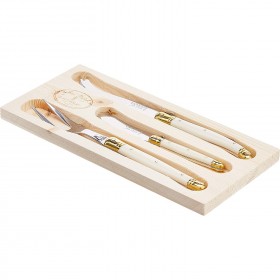 3-pieces stainless steel ivory handle cheese set in wooden cutlery tray