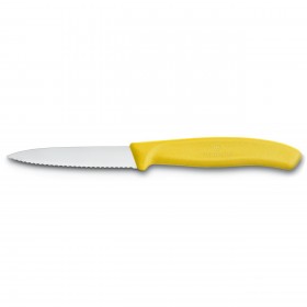 Paring knife with 3" serrated blade and yellow synthetic handle
