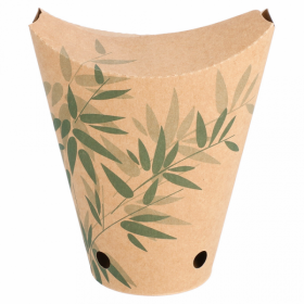 Brown cardboard French fries cup 12oz / 360ml 2x5" (6.7x12.5cm) green leaves patterns - Set of 100