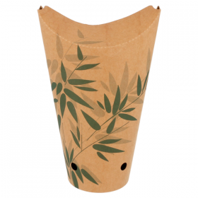 Brown cardboard French fries cup 22oz / 660ml 3x7" (8.5x18cm) green leaves patterns - Set of 50