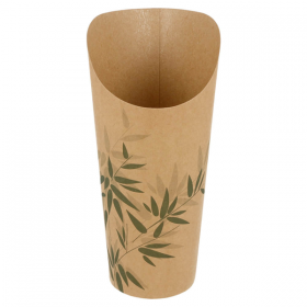 Brown cardboard French fries cup 22oz / 660ml Ø3"x7" (Ø8.5x18cm) green leaves patterns - Set of 50