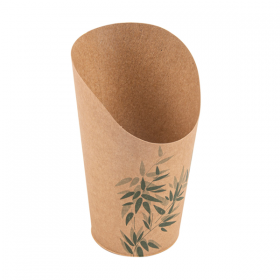 Brown cardboard French fries cup 16oz / 480ml Ø3"x5" (Ø8.5x13.5cm) green leaves patterns - Set of 50