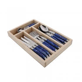 Ménagère 24 pièces bleue en inox - Range couverts en bois - Laguiole - Jean Dubost