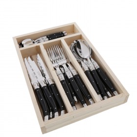 24 pieces black handle stainless steel cutlery set in wooden tray