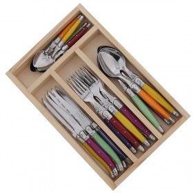 24 pieces colorful handle stainless steel cutlery set in wooden tray