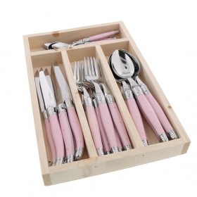 24 pieces pink handle stainless steel cutlery set in wooden tray